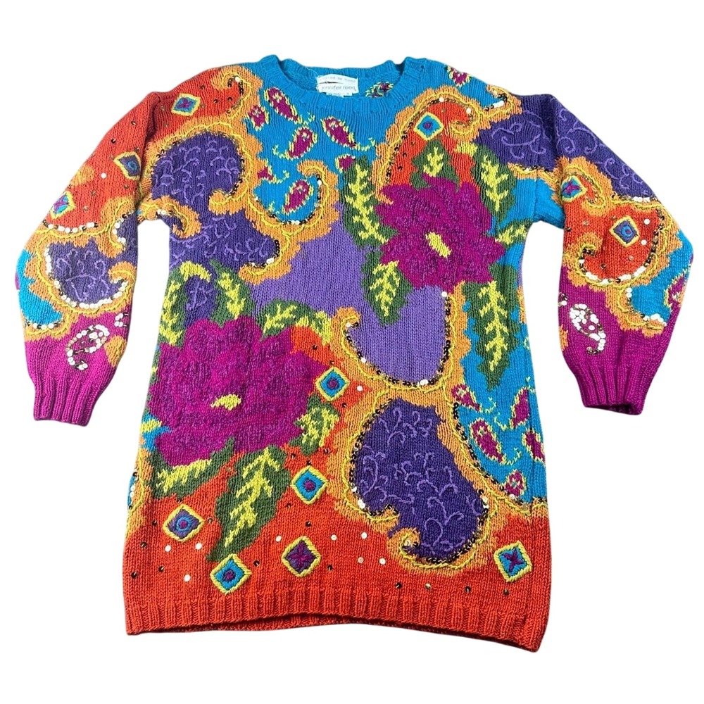 Vintage Jennifer Reed Sweater Women S Multi Color Hand-Knit Paisley Floral Artsy
